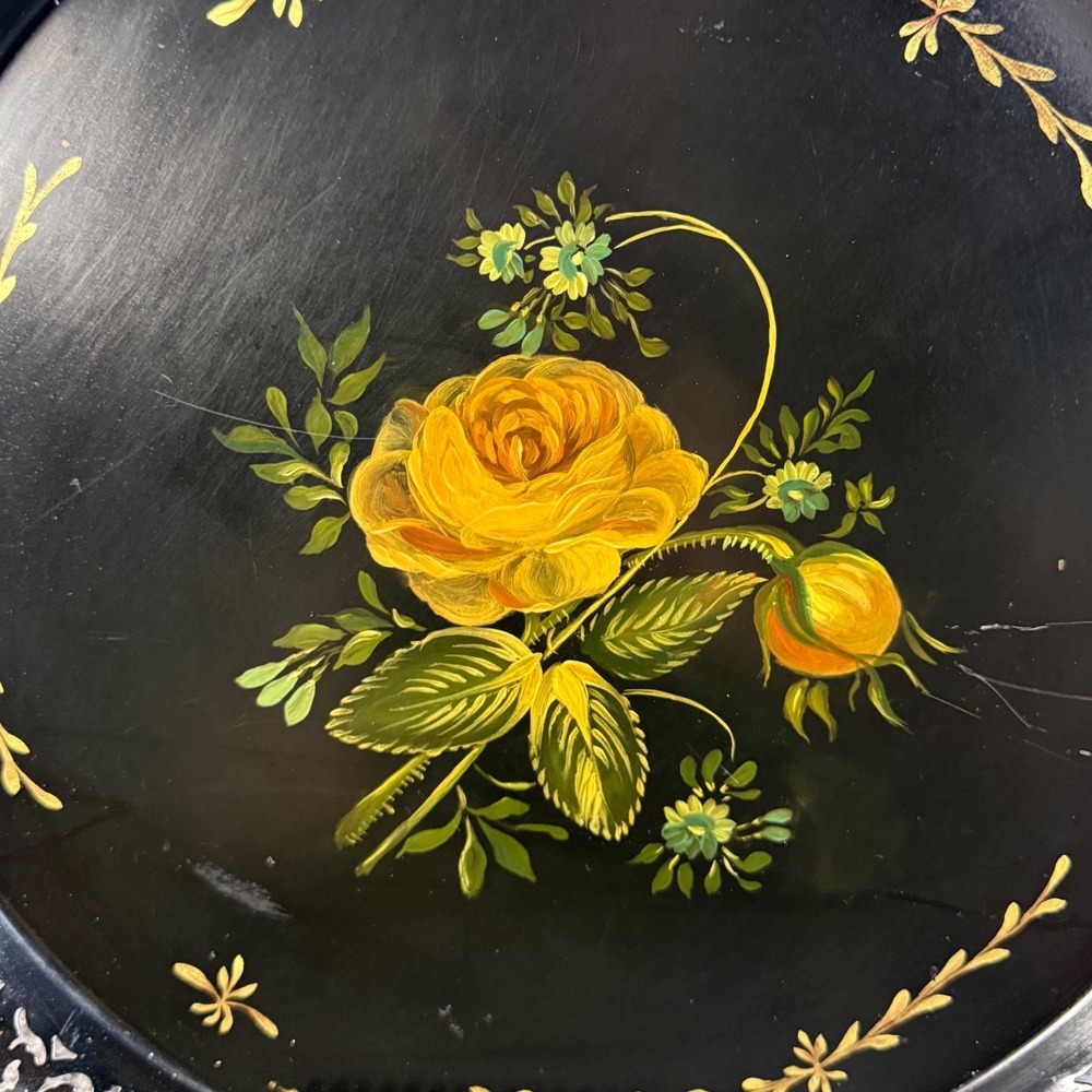 Vintage 1959 Toleware Hand Painted Yellow Rose Black Metal Pierced Gallery Tray - Picture 2 of 5